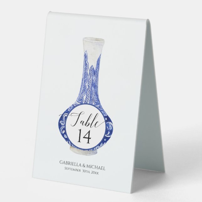 Navy Blue White Ginger Jar China Vase Wedding Table Tent (Front)