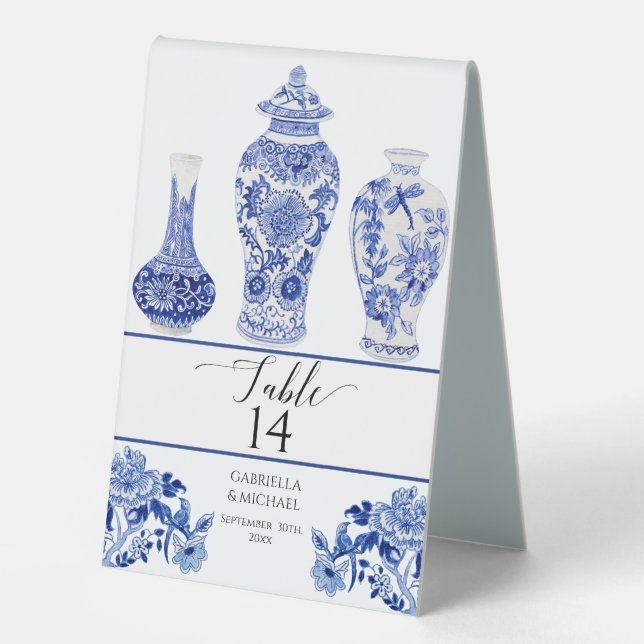 Navy Blue White Ginger Jars Bird Floral Wedding Table Tent (Front)