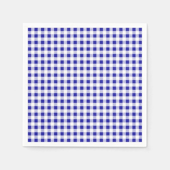Navy Blue White Gingham Pattern Paper Napkins (Front)