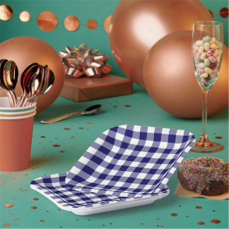 Navy Blue White Gingham Pattern Paper Plates