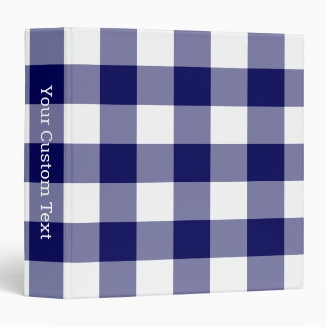 Navy Blue White Gingham Plaid Pattern Custom Title 3 Ring Binder (Front/Spine)