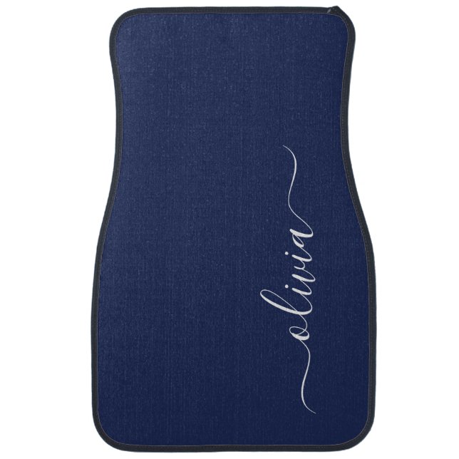 Navy Blue White Girly Script Monogram Name Modern  Car Floor Mat (Front)