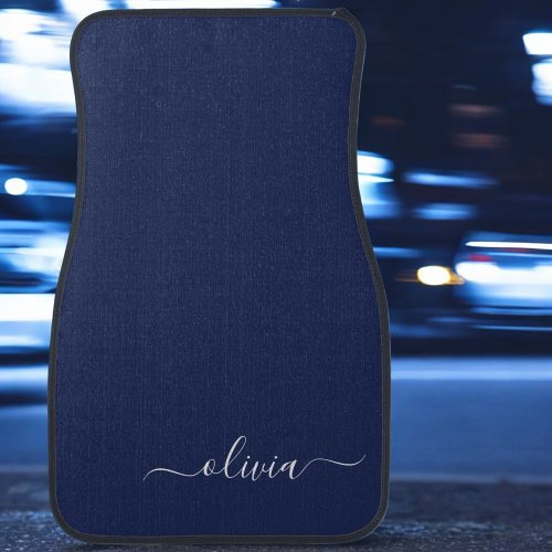 Navy Blue White Girly Script Monogram Name Modern  Car Floor Mat