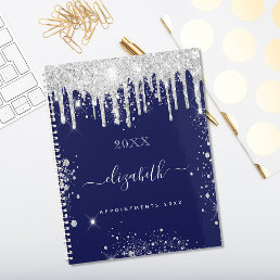 Navy blue white glitter drips monogram script 2024 planner