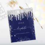 Navy blue white glitter drips monogram script 2025 planner<br><div class="desc">A navy blue background decorated with white stars and faux silver glitter drips and dust. Personalize and add your name. The name is written with a modern hand lettered style script with swashes. To keep the swashes only delete the sample name, leave the spaces or emoji's in front and after...</div>