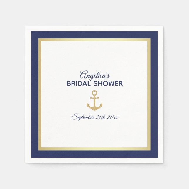 Navy Blue White Gold Anchor Nautical Bridal Shower Napkins (Front)