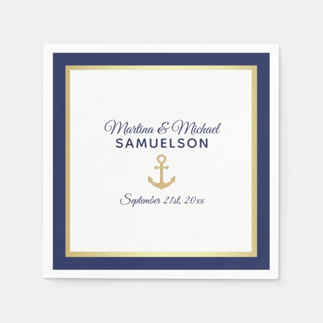 Navy Blue White Gold Anchor Nautical Wedding Paper Napkins (Front)