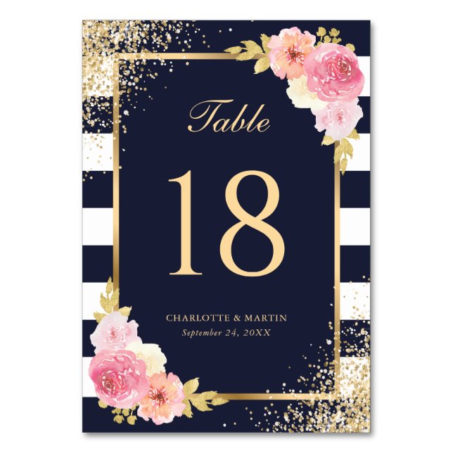Navy Blue White Gold Blush Pink Floral Table Number (Front)