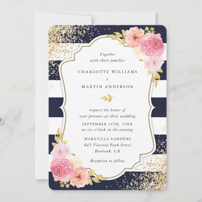 Navy Blue White Gold Blush Pink Floral Wedding Invitation (Front)