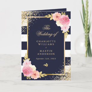 Navy Blue White Gold Blush Pink Floral Wedding Program