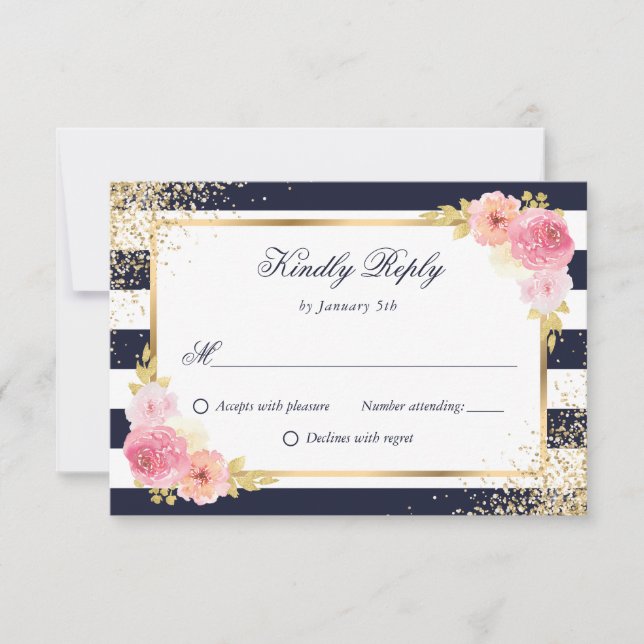 Navy Blue White Gold Blush Pink Floral Wedding RSVP Card (Front)