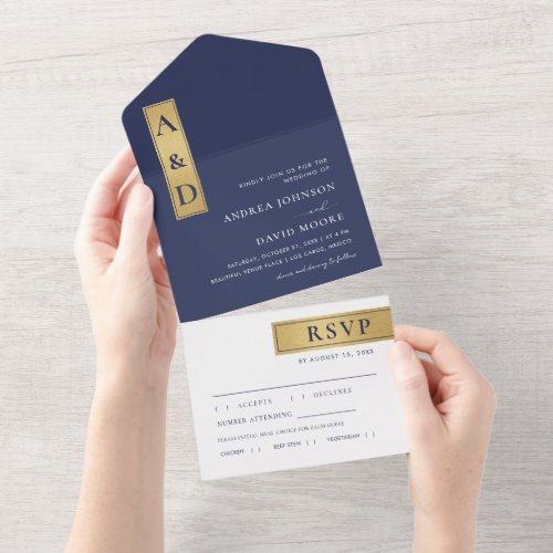 Navy Blue White Gold Color Blocks Monogram Wedding All In One Invitation