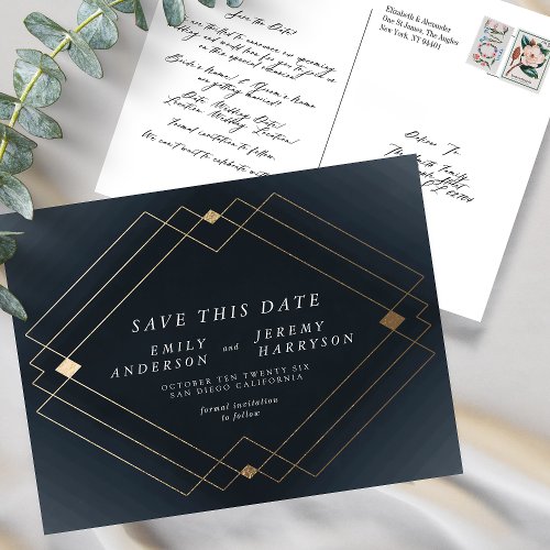 Navy Blue  White Gold Deco Lines Save The Date Postcard