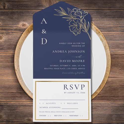 Navy Blue White Gold Floral Botanical RSVP Wedding All In One Invitation