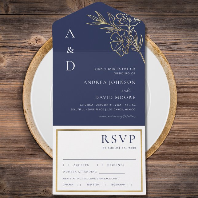 Navy Blue White Gold Floral Botanical RSVP Wedding All In One Invitation (Creator Uploaded)
