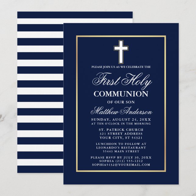 Navy Blue White Gold Frame First Holy Communion Invitation (Front/Back)