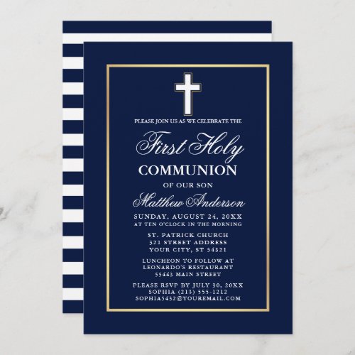 Navy Blue White Gold Frame First Holy Communion Invitation