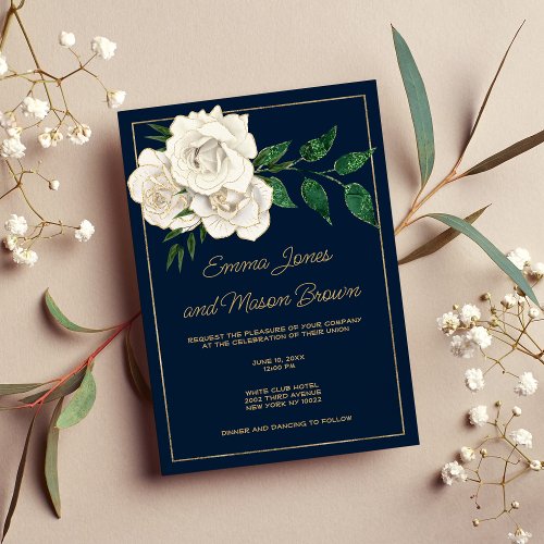 Navy blue white gold glitter rose romantic Wedding Invitation