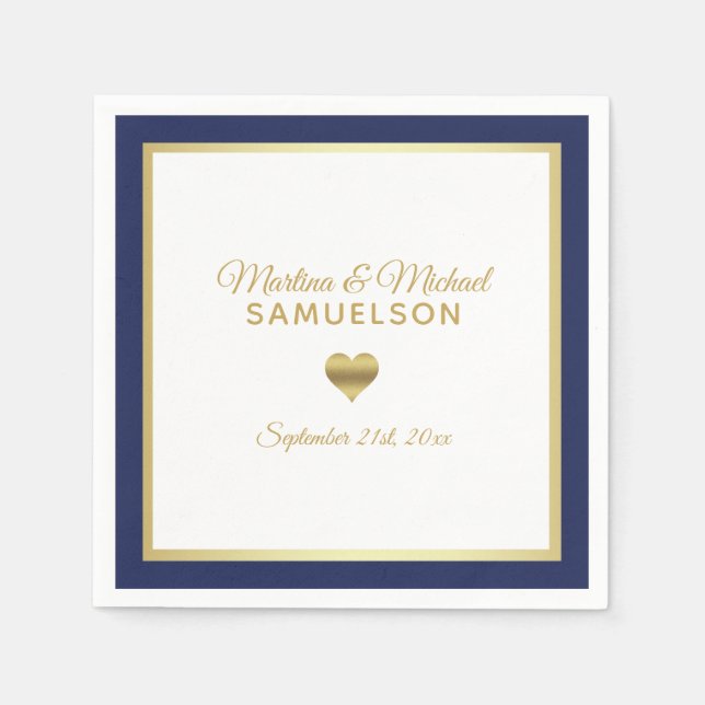Navy Blue White Gold Heart Frame Wedding Napkins (Front)