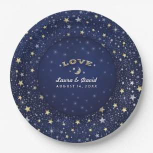 Navy Blue White & Gold LOVE Moon & Stars Wedding Paper Plates