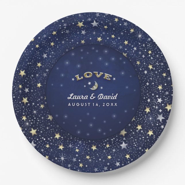 Navy Blue White & Gold LOVE Moon & Stars Wedding Paper Plates (Front)