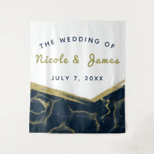 Navy Blue White & Gold Marble Chic Modern Wedding Tapestry