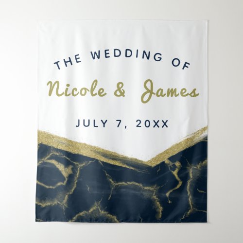 Navy Blue White  Gold Marble Chic Modern Wedding Tapestry
