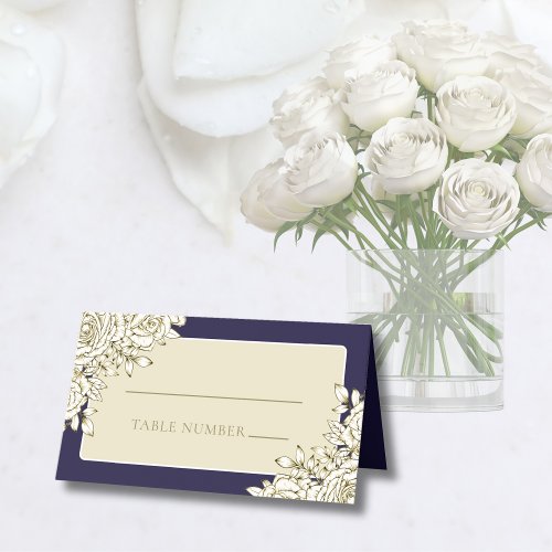Navy Blue White Gold Minimal Modern Floral Wedding Place Card