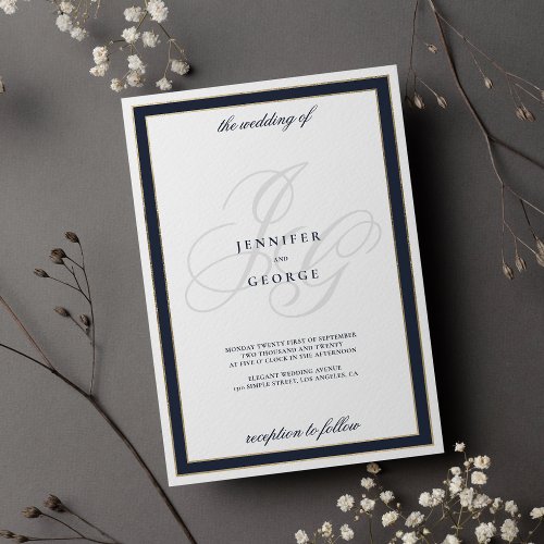 Navy blue white gold monogram initials wedding invitation