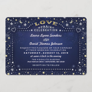 Navy Blue White & Gold Moon & Stars Love Wedding Invitation