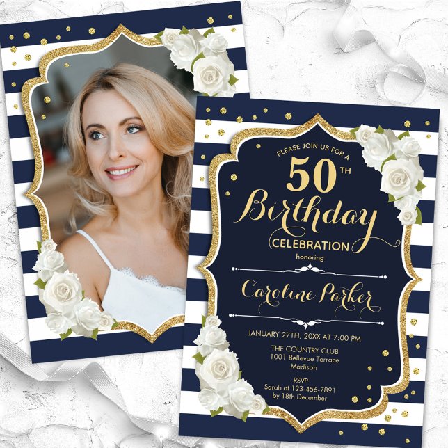 Navy Blue White Gold Photo 50th Birthday Invitation (Creator Uploaded)