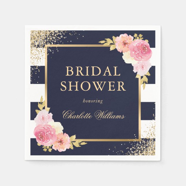 Navy Blue White Gold Pink Floral Bridal Shower Napkins (Front)