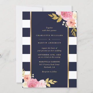 Navy Blue White Gold Striped Pink Floral Wedding Invitation