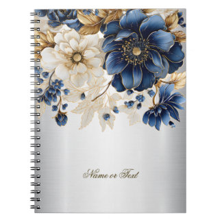 Navy Blue White Golden Flowers Silver Notebook