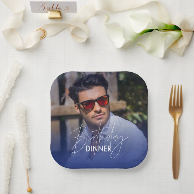 Navy Blue White Gradient Photo Birthday Dinner Paper Plates (Wedding)