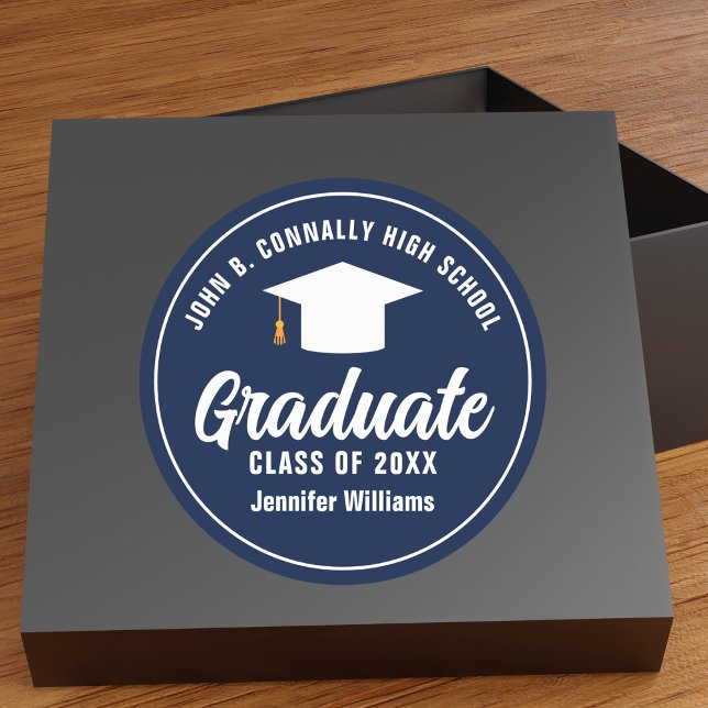 Navy Blue White Graduate Custom Graduation Party Classic Round Sticker (Creator Uploaded)