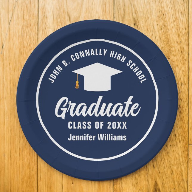 Navy Blue White Graduate Custom Graduation Party Paper Plates (Creator Uploaded)