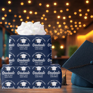 Navy Blue White Graduate Custom Graduation Wrapping Paper