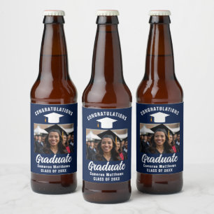 Navy Blue White Graduate Photo Graduation Party Beer Bottle Label
