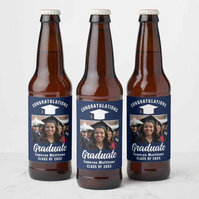 Navy Blue White Graduate Photo Graduation Party Beer Bottle Label | Zazzle