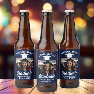 Navy Blue White Graduate Photo Graduation Party Beer Bottle Label