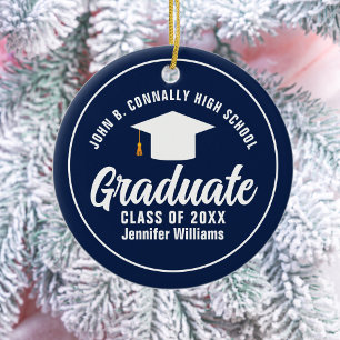Navy Blue White Graduation Custom Graduate Photo Ceramic Ornament