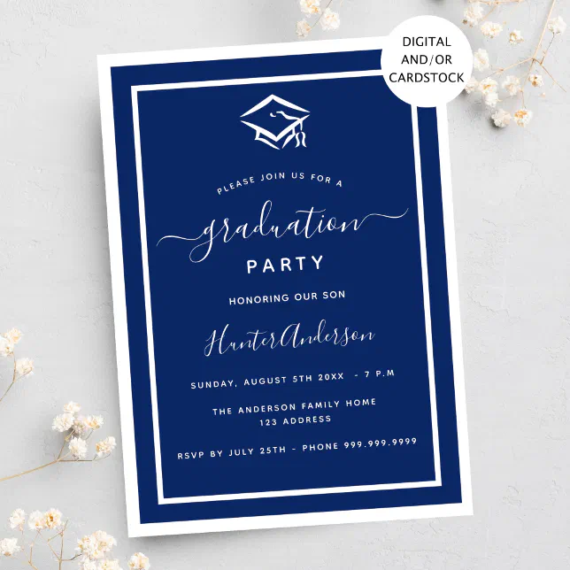 Navy blue white graduation party invitation | Zazzle