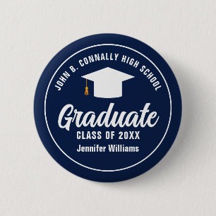 Navy Blue White Graduation Party Personalized Button