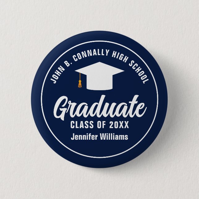 Navy Blue White Graduation Party Personalized Button (Front)