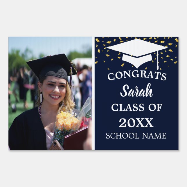 Navy Blue & White Graduation Photo Class Of 2023 Sign (Front)
