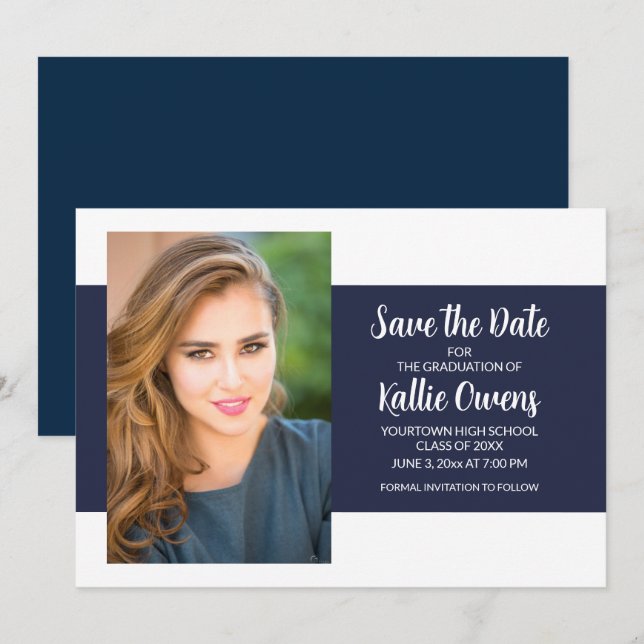 Navy Blue White Graduation Photo Save the Date Invitation (Front/Back)