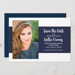 Navy Blue White Graduation Photo Save the Date Invitation