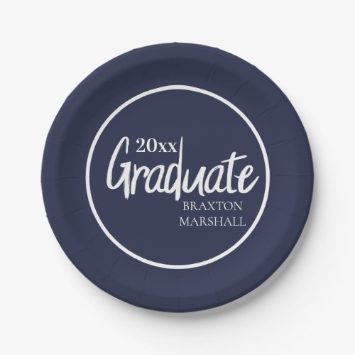 Navy Blue White Graduation Year Name Paper Plates