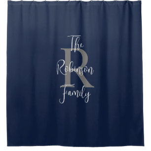 Navy Blue White Gray Family Name Monogrammed Shower Curtain